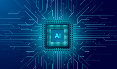 Yapay zeka web pankartı. İşlemci çipinin 3 boyutlu izometrik çizimi. Veri işleme süreci. Modern teknolojilerdeki gelişmeler. Neon parlayan fütüristik arkaplan üzerindeki mikro devreler