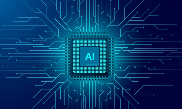 人工知能のウェブバナー プロセッサチップの3D等価図 データ処理のプロセス 現代技術の発展 ネオン輝く未来的背景のマイクロ回路 — ストックベクタ