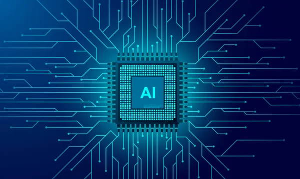 Yapay zeka web pankartı. İşlemci çipinin 3 boyutlu izometrik çizimi. Veri işleme süreci. Modern teknolojilerdeki gelişmeler. Neon parlayan fütüristik arkaplan üzerindeki mikro devreler