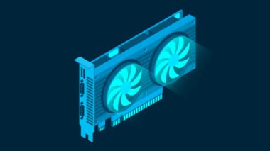 3D izometrik video kartı. Şifreli para ya da oyun oynamak için video grafikleri kartı. Kişisel bilgisayar donanımı parçaları. 4K döngü video görüntüleri