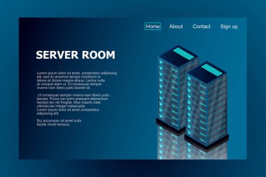 Isometric sunucu odası. Veri koruma ve işlemenin gelecekteki teknolojisi. Ana bilgisayar, sunucu, yüksek teknoloji konsepti, veri merkezi. Vektör illüstrasyonu