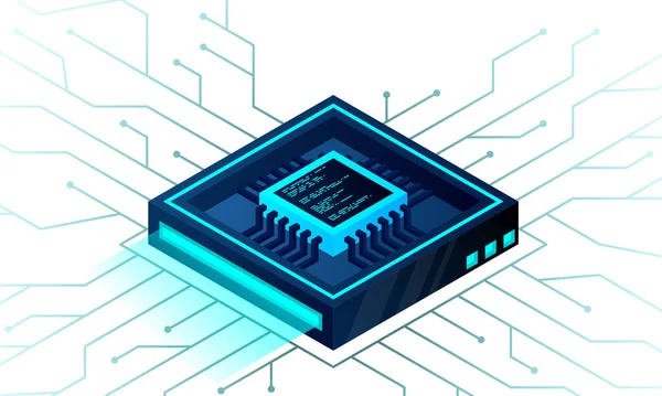 Isometric Yapay Zeka web pankartı. İşlemci çipinin 3 boyutlu izometrik çizimi. Veri işleme süreci. Modern teknolojilerdeki gelişmeler. Neon ışıklı arkaplanda mikro devreler