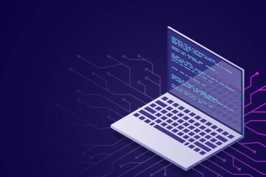 Web programlama vektörü izometrik çizimler. Bilgisayar ekranında web programlama konsepti programlama dili kod büyük veri işleme. Vektör illüstrasyonu