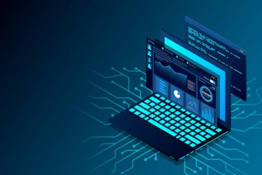Web tasarımı ve geliştirme vektörü izometrik çizimler. Bilgisayar ekranında web tasarımı geliştirme kavramı programlama dili kod büyük veri işleme. Vektör illüstrasyonu