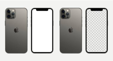 Yeni iPhone 12 profosyonel maksimum grafit rengi. Model ekran iPhone ve arka taraf iPhone. Beyaz ekran ve ekran. iPhone 12 Apple Inc. Vektör illüstrasyonundan Pro / Pro Max