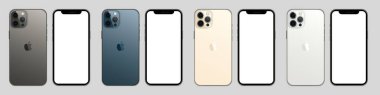 Magelang, Endonezya - 03 02 2021: Yeni iPhone 12 pro / pro maksimum Graphite rengi. Model ekran iPhone ve arka taraf iPhone. Beyaz ekran ve ekran. Vektör illüstrasyonu