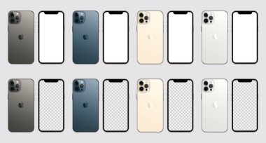 Magelang, Endonezya - 03 02 2021: Yeni iPhone 12 pro / pro maksimum Graphite rengi. Model ekran iPhone ve arka taraf iPhone. Beyaz ekran ve ekran. Vektör illüstrasyonu