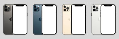 Magelang, Endonezya - 03 02 2021: Yeni iPhone 12 pro / pro maksimum Graphite rengi. Model ekran iPhone ve arka taraf iPhone. Beyaz ekran ve ekran. Vektör illüstrasyonu