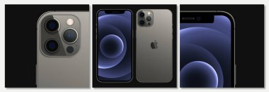 MAGELANG, INDONESIA - 18 Mart 2021: Yeni iPhone 12 pro / pro Max in four color (Graphite, Pacific Blue, Silver, Gold) by Apple Inc. Screen iphone and back side iphone. Vektör illüstrasyonu