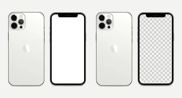 MAGELANG, INDONESIA - 31 Mart 2021: Apple Inc. Screen iphone ve arka taraf iPhone tarafından yeni iPhone 12 pro veya pro max Silver color. Vektör illüstrasyonu.