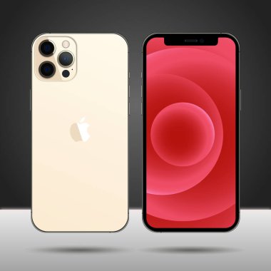 MAGELANG, INDONESIA - APRIL 1, 2021: Yeni iPhone 12 pro veya pro max altın rengi Apple Inc. Screen iphone ve arka taraf iPhone. Vektör illüstrasyonu.