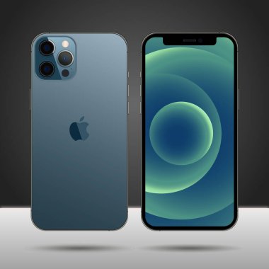 MAGELANG, INDONESIA - 1 Nisan 2021: Apple Inc. Screen iphone ve arka taraf iPhone tarafından yeni iPhone 12 pro veya pro Pacific Blue renk. Vektör illüstrasyonu.