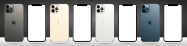 MAGELANG, INDONESIA - APRIL 1, 2021: Yeni iPhone 12 pro or pro max in four color (Graphite, Pacific Blue, Silver, Gold) by Apple Inc. Screen iphone and back side iphone. Vektör illüstrasyonu