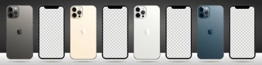 MAGELANG, INDONESIA - APRIL 1, 2021: Yeni iPhone 12 pro or pro max in four color (Graphite, Pacific Blue, Silver, Gold) by Apple Inc. Screen iphone and back side iphone. Vektör illüstrasyonu
