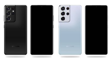 MAGELANG, INDONESIA - APRIL 07, 2021: Yeni Galaksi S21 Ultra 5G by Samsung Inc. Screen Galaxy S21 Ultra 5G ve arka taraf S21 Ultra 5G. Vektör illüstrasyonu