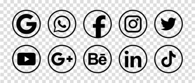 MAGELANG, INDONESIA - 5 Mayıs 2021: Facebook, Instagram, Twitter, Youtube, WhatsApp, Dribble, Tiktok, Linkedin, Google plus, Google - popüler sosyal medya simgeleri koleksiyonu. Vektör illüstrasyonu.