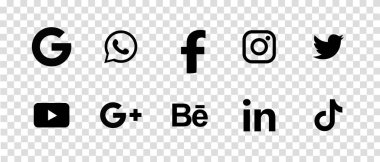 MAGELANG, INDONESIA - 5 Mayıs 2021: Facebook, Instagram, Twitter, Youtube, WhatsApp, Dribble, Tiktok, Linkedin, Google plus, Google - popüler sosyal medya simgeleri koleksiyonu. Vektör illüstrasyonu.