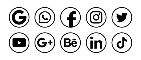 MAGELANG, INDONESIA - 5 Mayıs 2021: Facebook, Instagram, Twitter, Youtube, WhatsApp, Dribble, Tiktok, Linkedin, Google plus, Google - popüler sosyal medya simgeleri koleksiyonu. Vektör illüstrasyonu.