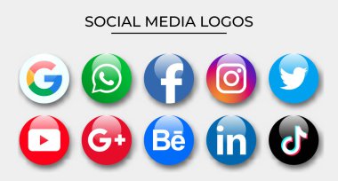 MAGELANG, INDONESIA - 15 Mayıs 2021: Facebook, Instagram, Twitter, Youtube, WhatsApp, Dribble, Tiktok, Linkedin, Google plus, Google - popüler sosyal medya simgeleri koleksiyonu. Vektör illüstrasyonu