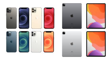 MAGELANG, İNDONEZYA - 18 Mayıs 2021: Apple iPhone 12 pro ve Apple iPad Pro. Farklı renkler. Aygıt Modeli. Elektronik endüstrisi. Dünya teknolojisi. Vektör illüstrasyonu