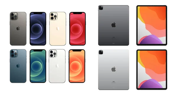 MAGELANG, İNDONEZYA - 18 Mayıs 2021: Apple iPhone 12 pro ve Apple iPad Pro. Farklı renkler. Aygıt Modeli. Elektronik endüstrisi. Dünya teknolojisi. Vektör illüstrasyonu
