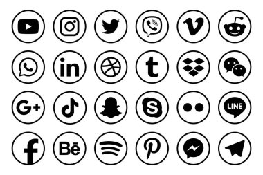 MAGELANG, İNDONEZYA - 25 Mayıs 2021: Popüler sosyal medya simgelerini belirleyin. Facebook, instagram, twitter, youtube, pinterest, behance, google plus, linkedin, Whatsapp, snapchat, tiktok, tumblr, spotify, dropbox ve dahası. Editör vektörü