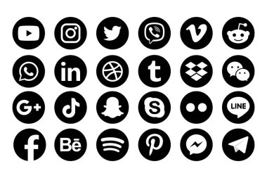 MAGELANG, İNDONEZYA - 25 Mayıs 2021: Popüler sosyal medya simgelerini belirleyin. Facebook, instagram, twitter, youtube, pinterest, behance, google plus, linkedin, Whatsapp, snapchat, tiktok, tumblr, spotify, dropbox ve dahası. Editör vektörü