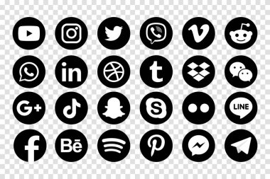 MAGELANG, İNDONEZYA - 25 Mayıs 2021: Popüler sosyal medya simgelerini belirleyin. Facebook, instagram, twitter, youtube, pinterest, behance, google plus, linkedin, Whatsapp, snapchat, tiktok, tumblr, spotify, dropbox ve dahası. Editör vektörü