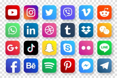 MAGELANG, İNDONEZYA - 25 Mayıs 2021: Popüler sosyal medya simgelerini belirleyin. Facebook, instagram, twitter, youtube, pinterest, behance, google plus, linkedin, Whatsapp, snapchat, tiktok, tumblr, spotify, dropbox ve dahası. Editör vektörü