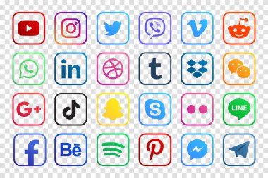 MAGELANG, İNDONEZYA - 25 Mayıs 2021: Popüler sosyal medya simgelerini belirleyin. Facebook, instagram, twitter, youtube, pinterest, behance, google plus, linkedin, Whatsapp, snapchat, tiktok, tumblr, spotify, dropbox ve dahası. Editör vektörü