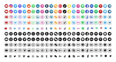 MAGELANG, İNDONEZYA - 25 Mayıs 2021: Popüler sosyal medya simgelerini belirleyin. Facebook, instagram, twitter, youtube, pinterest, behance, google plus, linkedin, Whatsapp, snapchat, tiktok, tumblr, spotify, dropbox ve dahası. Editör vektörü