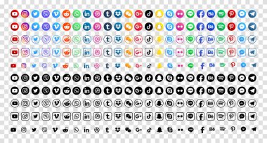 MAGELANG, İNDONEZYA - 25 Mayıs 2021: Popüler sosyal medya simgelerini belirleyin. Facebook, instagram, twitter, youtube, pinterest, behance, google plus, linkedin, Whatsapp, snapchat, tiktok, tumblr, spotify, dropbox ve dahası. Editör vektörü