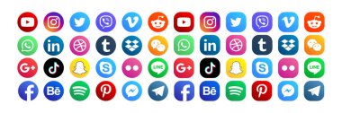 MAGELANG, İNDONEZYA - 25 Mayıs 2021: Popüler sosyal medya simgelerini belirleyin. Facebook, instagram, twitter, youtube, pinterest, behance, google plus, linkedin, Whatsapp, snapchat, tiktok, tumblr, spotify, dropbox ve dahası. Editör vektörü