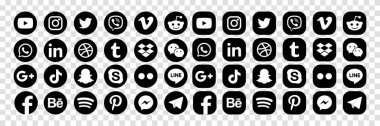 MAGELANG, İNDONEZYA - 25 Mayıs 2021: Popüler sosyal medya simgelerini belirleyin. Facebook, instagram, twitter, youtube, pinterest, behance, google plus, linkedin, Whatsapp, snapchat, tiktok, tumblr, spotify, dropbox ve dahası. Editör vektörü