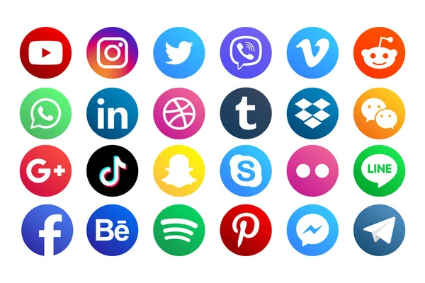 MAGELANG, İNDONEZYA - 25 Mayıs 2021: Popüler sosyal medya simgelerini belirleyin. Facebook, instagram, twitter, youtube, pinterest, behance, google plus, linkedin, Whatsapp, snapchat, tiktok, tumblr, spotify, dropbox ve dahası. Editör vektörü