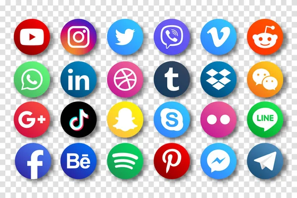 MAGELANG, İNDONEZYA - 25 Mayıs 2021: Popüler sosyal medya simgelerini belirleyin. Facebook, instagram, twitter, youtube, pinterest, behance, google plus, linkedin, Whatsapp, snapchat, tiktok, tumblr, spotify, dropbox ve dahası. Editör vektörü