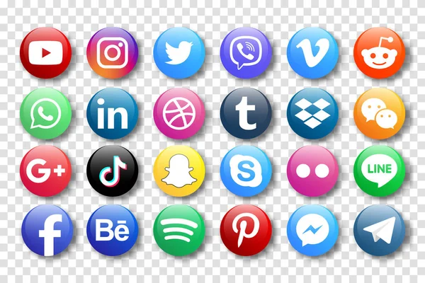 MAGELANG, İNDONEZYA - 25 Mayıs 2021: Popüler sosyal medya simgelerini belirleyin. Facebook, instagram, twitter, youtube, pinterest, behance, google plus, linkedin, Whatsapp, snapchat, tiktok, tumblr, spotify, dropbox ve dahası. Editör vektörü
