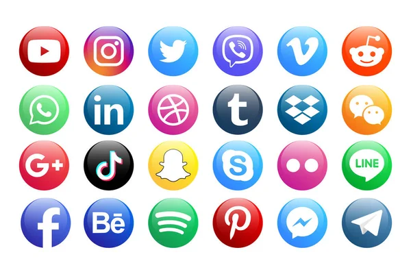 MAGELANG, İNDONEZYA - 25 Mayıs 2021: Popüler sosyal medya simgelerini belirleyin. Facebook, instagram, twitter, youtube, pinterest, behance, google plus, linkedin, Whatsapp, snapchat, tiktok, tumblr, spotify, dropbox ve dahası. Editör vektörü
