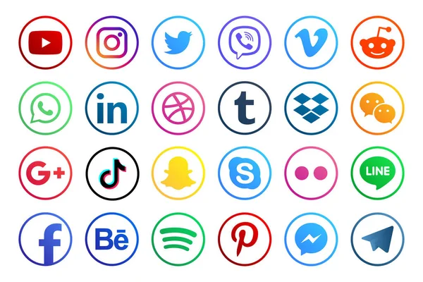 MAGELANG, İNDONEZYA - 25 Mayıs 2021: Popüler sosyal medya simgelerini belirleyin. Facebook, instagram, twitter, youtube, pinterest, behance, google plus, linkedin, Whatsapp, snapchat, tiktok, tumblr, spotify, dropbox ve dahası. Editör vektörü