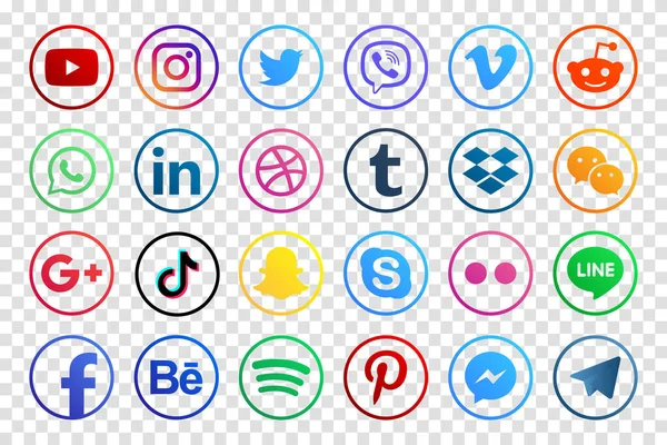 MAGELANG, İNDONEZYA - 25 Mayıs 2021: Popüler sosyal medya simgelerini belirleyin. Facebook, instagram, twitter, youtube, pinterest, behance, google plus, linkedin, Whatsapp, snapchat, tiktok, tumblr, spotify, dropbox ve dahası. Editör vektörü
