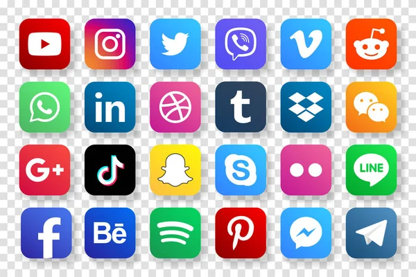 MAGELANG, İNDONEZYA - 25 Mayıs 2021: Popüler sosyal medya simgelerini belirleyin. Facebook, instagram, twitter, youtube, pinterest, behance, google plus, linkedin, Whatsapp, snapchat, tiktok, tumblr, spotify, dropbox ve dahası. Editör vektörü