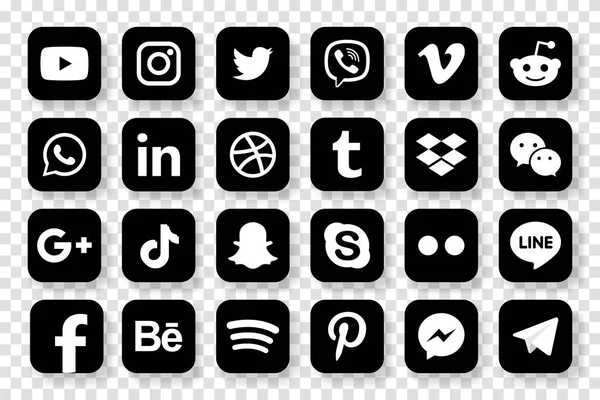 MAGELANG, İNDONEZYA - 25 Mayıs 2021: Popüler sosyal medya simgelerini belirleyin. Facebook, instagram, twitter, youtube, pinterest, behance, google plus, linkedin, Whatsapp, snapchat, tiktok, tumblr, spotify, dropbox ve dahası. Editör vektörü