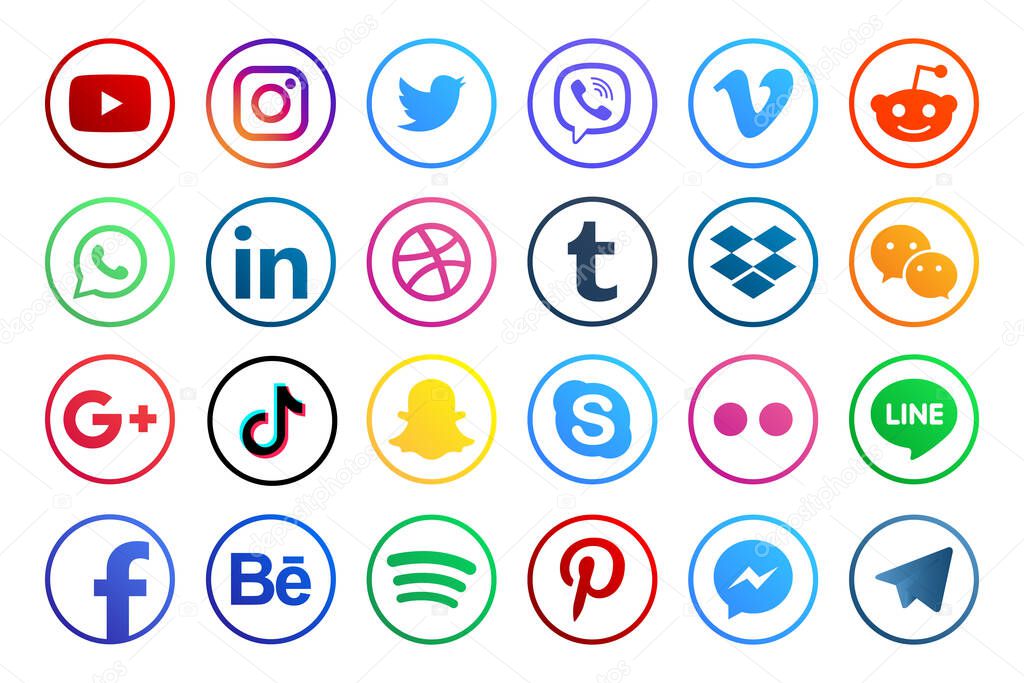 MAGELANG, INDONESIA - MAY 25, 2021: Set popular social media icons. Facebook, instagram, twitter, youtube, pinterest, behance, google plus, linkedin, whatsapp, snapchat, tiktok, tumblr, spotify, dropbox and many more. Editorial vector