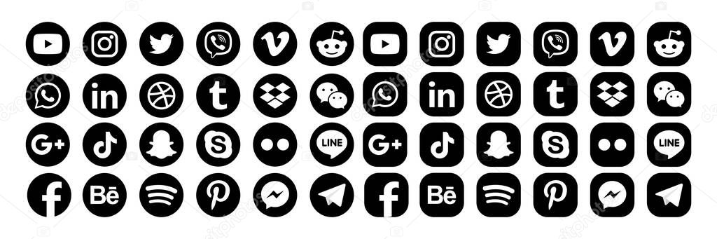 MAGELANG, INDONESIA - MAY 25, 2021: Set popular social media icons. Facebook, instagram, twitter, youtube, pinterest, behance, google plus, linkedin, whatsapp, snapchat, tiktok, tumblr, spotify, dropbox and many more. Editorial vector