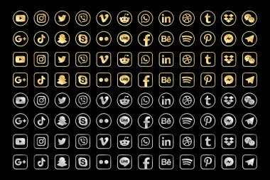 MAGELANG, INDONESIA - 26 Mayıs 2021: Altın ve Gümüş Facebook, Instagram, Twitter, Youtube, WhatsApp, Dribble, Tiktok ve daha birçok popüler sosyal medya ikonu koleksiyonu. Vektör