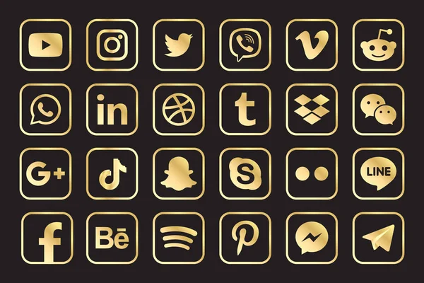 MAGELANG, INDONESIA - 26 Mayıs 2021: Altın Facebook, Instagram, Twitter, Youtube, WhatsApp, Dribble, Tiktok, Linkedin, Google plus ve daha birçok popüler sosyal medya ikonu koleksiyonu. Vektör