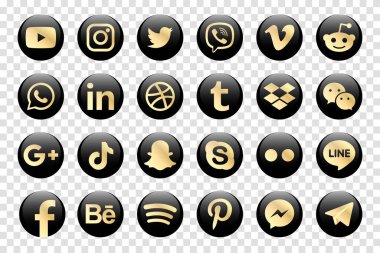 MAGELANG, INDONESIA - 28 Mayıs 2021: Altın Facebook, Instagram, Twitter, Youtube, WhatsApp, Dribble, Tiktok, Linkedin, Google + ve daha birçok popüler sosyal medya simgesi koleksiyonu.