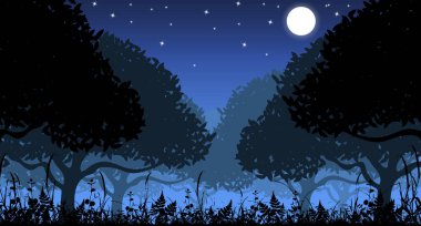Ormanda gece, güzel manzara, ay, orman silueti. Vektör illüstrasyonu