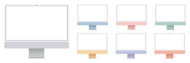 MAGELANG, İNDONEZYA - 7 Haziran 2021: iMac 2021 masaüstü. Yeni iMac bilgisayar. Ön manzara. Apple bilgisayarı. Vektör illüstrasyonu