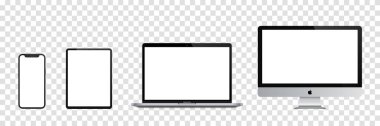 MAGELANG, INDONESIA - JULY 6, 2021: Set mockup computer, laptop, tablet, smartphone. Realistic isolated vector templates Apple devices. Vector illustration